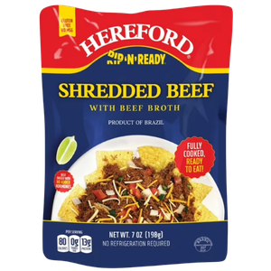 Hereford Fully Cooked Shredded Beef with Beef Broth, Shelf Stable, 7oz