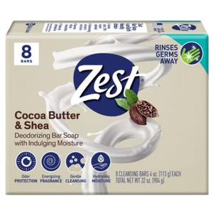 Zest Cocoa Butter & Shea Bar Soap, for All Skin Types, 4oz, 8 Bars