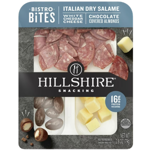 Hillshire Snacking Protein Bistro Bites, Italian Dry Salami, White Cheddar Cheese & Chocolate Covered Almonds Snack Pack, 2.8 oz (Refrigerated)